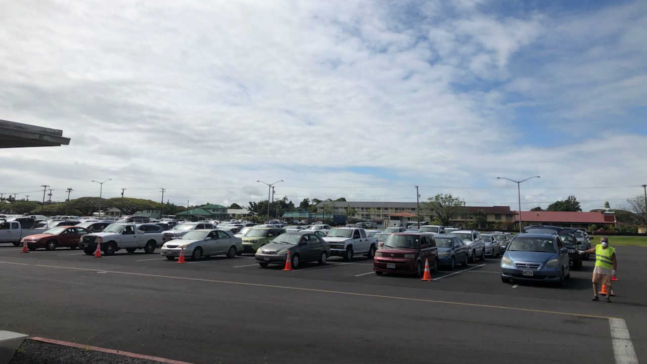 Cars line up for the Hilo Food Drive