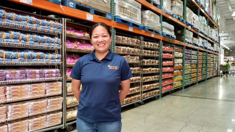 Female coworker standing in front of an isle of bread smiling at camera.